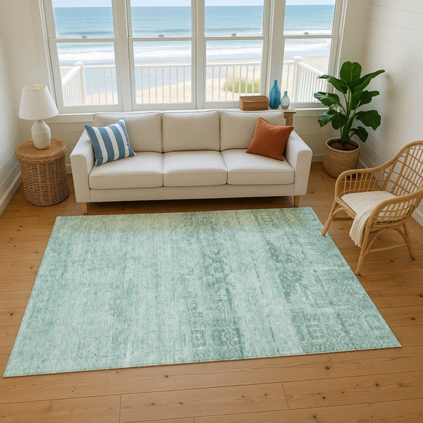 HomeRoots 5' X 8' Aqua And Teal Oriental Area Rug – Washable, UV-Protected, Stain-Resistant & Pet-Friendly! 695926