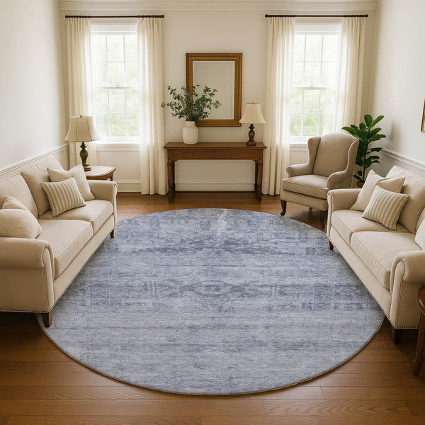 HomeRoots 8' Denim Blue Round Rug - Stain-Resistant, UV Protected, Durable Oriental Design for Indoor & Outdoor Spaces 695951