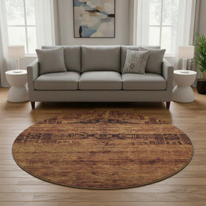 HomeRoots 8' Washable Oriental Round Rug in Rust & Chocolate - UV-Protected, Stylish & Durable for Homes 695957