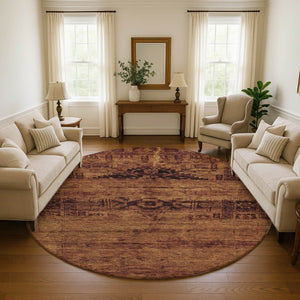 HomeRoots 8' Washable Oriental Round Rug in Rust & Chocolate - UV-Protected, Stylish & Durable for Homes 695957