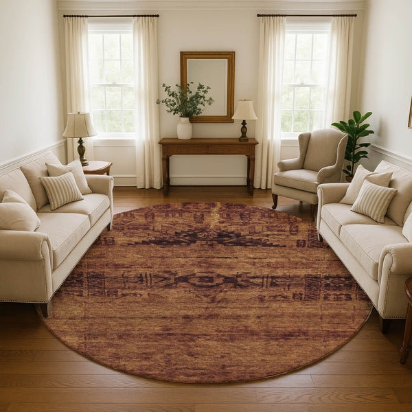 HomeRoots 8' Washable Oriental Round Rug in Rust & Chocolate - UV-Protected, Stylish & Durable for Homes 695957