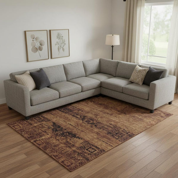 HomeRoots 9' X 12' Washable Rust and Chocolate Oriental Area Rug with UV Protection for Busy Homes & Families 695959