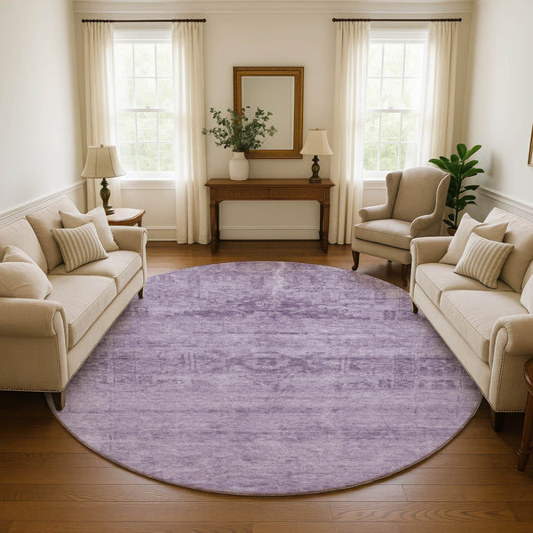 HomeRoots 8' Plum and Lavender Oriental Round Rug - Washable, UV Protected, Stain Resistant for Busy Homes 695963