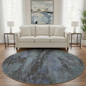 HomeRoots 8' Blue Charcoal and Gray Abstract Washable Round Rug - UV Protected, Stain Resistant, Durable Design 695975