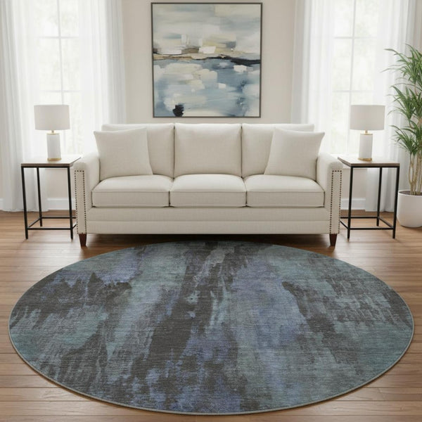 HomeRoots 8' Blue Charcoal and Gray Abstract Washable Round Rug - UV Protected, Stain Resistant, Durable Design 695975