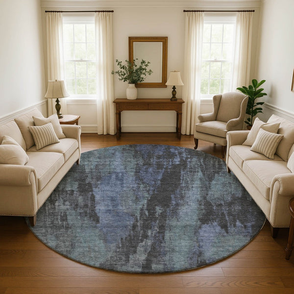 HomeRoots 8' Blue Charcoal and Gray Abstract Washable Round Rug - UV Protected, Stain Resistant, Durable Design 695975
