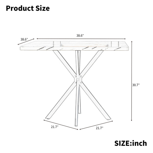 English Elm Square Mid Century Dining Table with Faux Marble Top, Waterproof Scratch-Resistant MDF Surface, Durable Iron Frame for Compact Kitchens and Stylish Small Dining Rooms White W578P242961