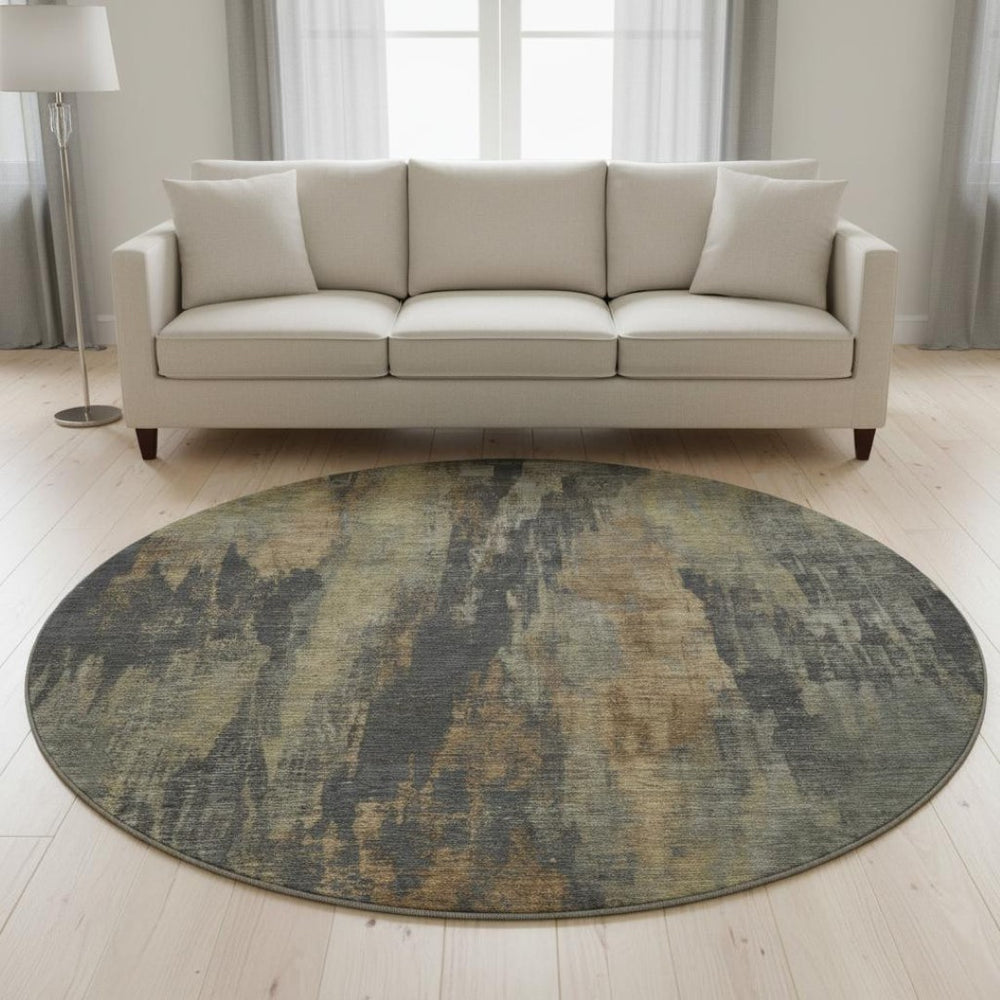 HomeRoots 8' Charcoal Gold & Copper Abstract Round Rug - Washable, UV-Protected, Stain-Resistant Design for Homes 695981