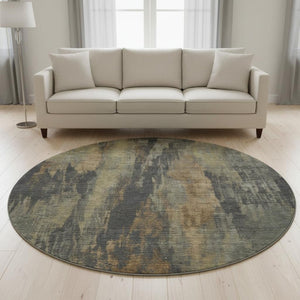 HomeRoots 8' Charcoal Gold & Copper Abstract Round Rug - Washable, UV-Protected, Stain-Resistant Design for Homes 695981