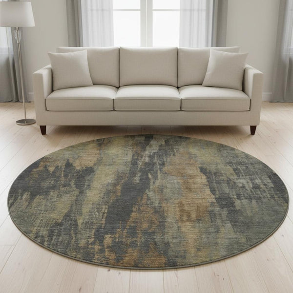 HomeRoots 8' Charcoal Gold & Copper Abstract Round Rug - Washable, UV-Protected, Stain-Resistant Design for Homes 695981