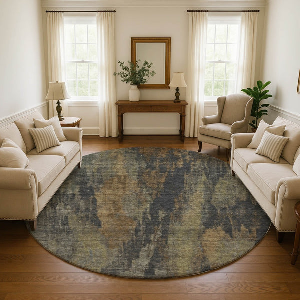 HomeRoots 8' Charcoal Gold & Copper Abstract Round Rug - Washable, UV-Protected, Stain-Resistant Design for Homes 695981