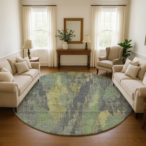 HomeRoots 8' Washable Round Area Rug in Green, Gray & Gold – Durable, UV-Protected, Pet-Friendly Design! 695987