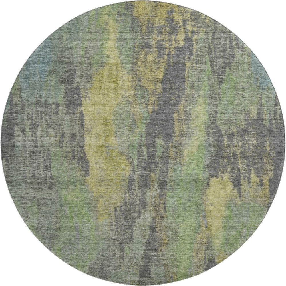 HomeRoots 8' Washable Round Area Rug in Green, Gray & Gold – Durable, UV-Protected, Pet-Friendly Design! 695987