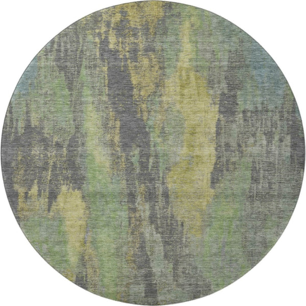 HomeRoots 8' Washable Round Area Rug in Green, Gray & Gold – Durable, UV-Protected, Pet-Friendly Design! 695987