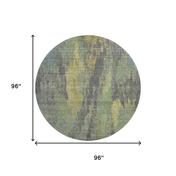 HomeRoots 8' Washable Round Area Rug in Green, Gray & Gold – Durable, UV-Protected, Pet-Friendly Design! 695987