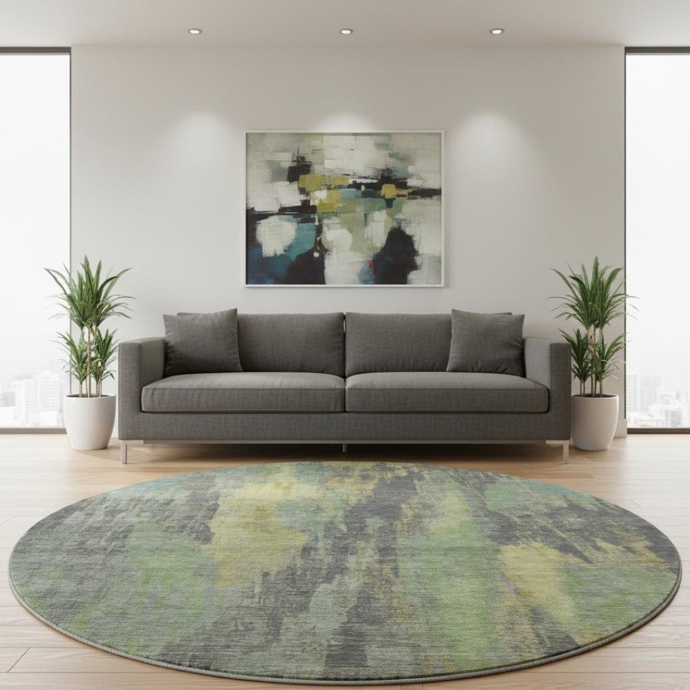HomeRoots 8' Washable Round Area Rug in Green, Gray & Gold – Durable, UV-Protected, Pet-Friendly Design! 695987