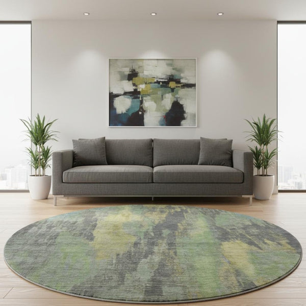 HomeRoots 8' Washable Round Area Rug in Green, Gray & Gold – Durable, UV-Protected, Pet-Friendly Design! 695987