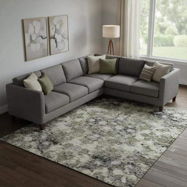 HomeRoots 9' X 12' Durable Green Gray Gold Abstract Washable Area Rug with Stain Resistance & UV Protection 695989