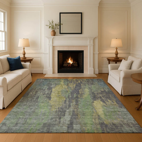 HomeRoots 9' X 12' Durable Green Gray Gold Abstract Washable Area Rug with Stain Resistance & UV Protection 695989