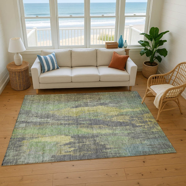 HomeRoots 9' X 12' Durable Green Gray Gold Abstract Washable Area Rug with Stain Resistance & UV Protection 695989