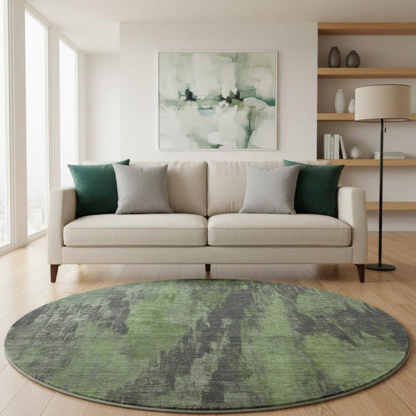 HomeRoots 8' Olive Green Charcoal Abstract Washable Round Rug - UV Protected, Stain-Resistant, Non-Slip Design 695993