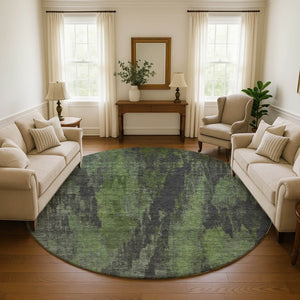 HomeRoots 8' Olive Green Charcoal Abstract Washable Round Rug - UV Protected, Stain-Resistant, Non-Slip Design 695993