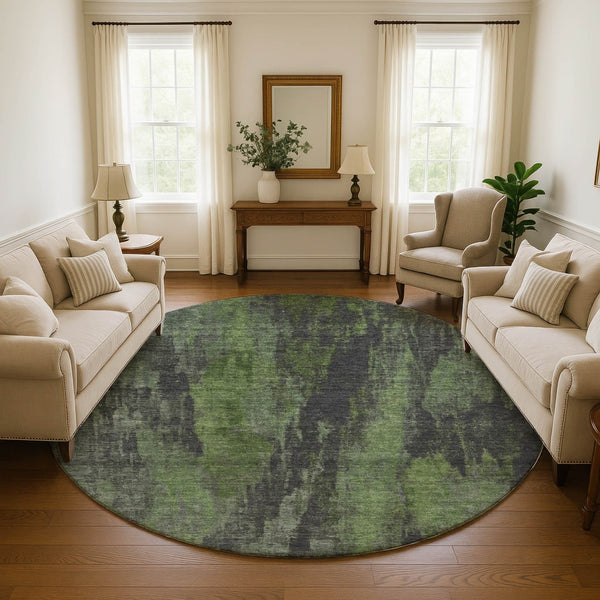 HomeRoots 8' Olive Green Charcoal Abstract Washable Round Rug - UV Protected, Stain-Resistant, Non-Slip Design 695993