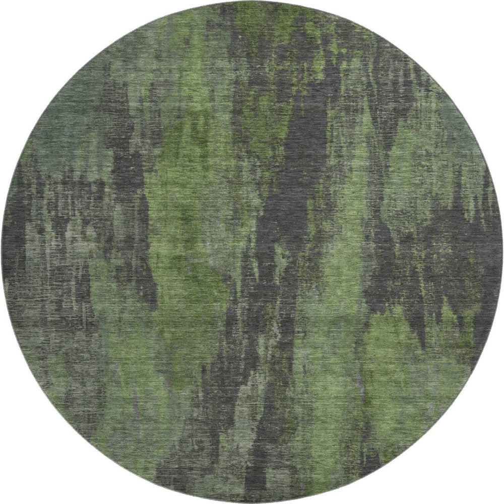 HomeRoots 8' Olive Green Charcoal Abstract Washable Round Rug - UV Protected, Stain-Resistant, Non-Slip Design 695993