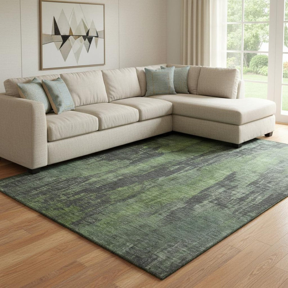 HomeRoots 8' X 10' Olive Green Charcoal & Gray Abstract Washable Area Rug - UV Protected, Durable Style! 695994