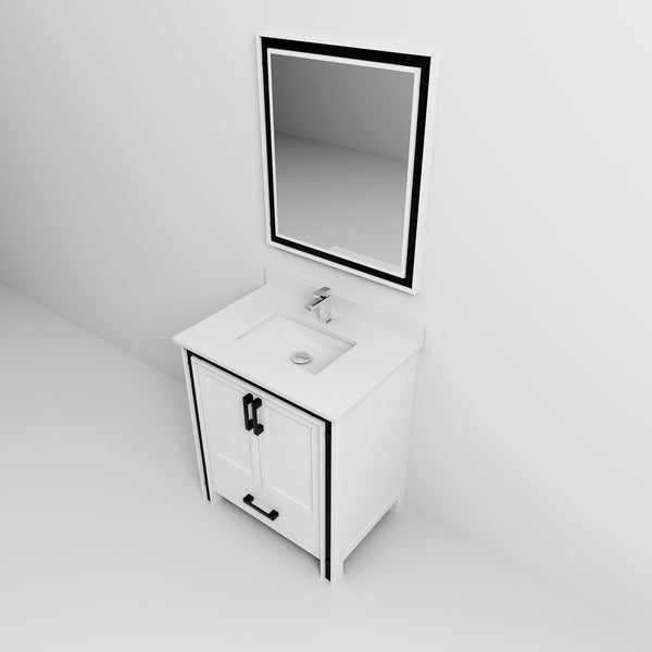 English Elm White Bath Vanity 30" W x 22" D with Cultured Marble Top, Chrome Faucet & 28" Mirror, Scratch‑Resistant B2731S01354