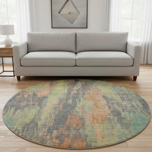 HomeRoots 8' Vibrant Orange, Teal & Gold Abstract Round Rug - Washable, UV-Protected, Non-Slip Design Ideal for Any Space 695999