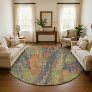 HomeRoots 8' Vibrant Orange, Teal & Gold Abstract Round Rug - Washable, UV-Protected, Non-Slip Design Ideal for Any Space 695999