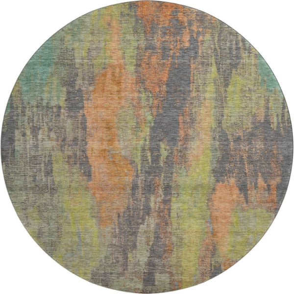 HomeRoots 8' Vibrant Orange, Teal & Gold Abstract Round Rug - Washable, UV-Protected, Non-Slip Design Ideal for Any Space 695999