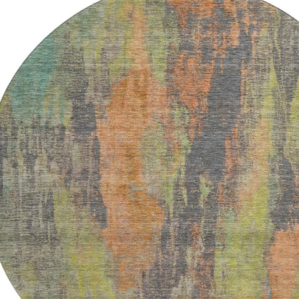 HomeRoots 8' Vibrant Orange, Teal & Gold Abstract Round Rug - Washable, UV-Protected, Non-Slip Design Ideal for Any Space 695999