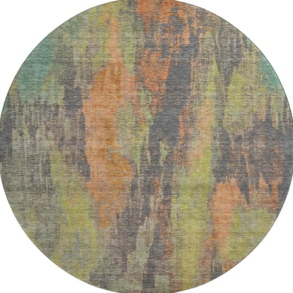 HomeRoots 8' Vibrant Orange, Teal & Gold Abstract Round Rug - Washable, UV-Protected, Non-Slip Design Ideal for Any Space 695999