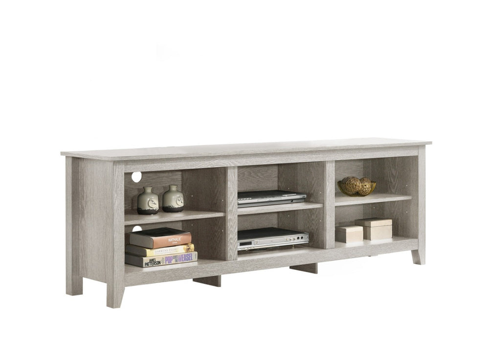 English Elm Tropea 58 Inch Open Shelf Media Console with Oak Finish and Cord Management Light Gray B2749P413245
