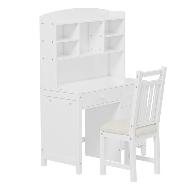 English Elm Vintage 40'' Home Executive Desk Set with Upholstered Chair and Built-In Bookshelf for Stylish Productivity White 44 L x 23 W x 13.5 H N733P272894K