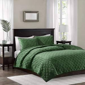 JLA Home Madison Park - 3 Velvet Quilt Set with Plush Polyester Velvet, Geometric Stitching, Antimicrobial Finish for Cozy Beds Green MP13-6467