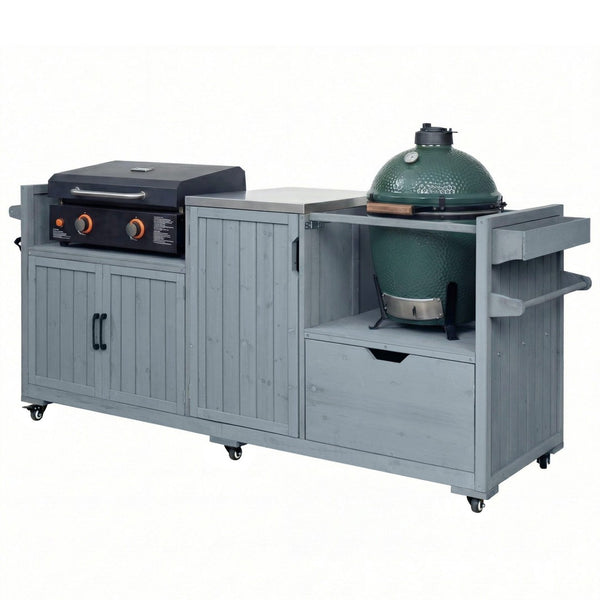 English Elm K&k 80.5 Inch Outdoor Kitchen Island Solid Fir Wood Stainless Steel Grill Cart Station Grey+Blue N707P392140G
