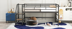 English Elm Mid Mid Loft Bed with Storage Stairs Twin Safety Ladder Low 26.6" Slats Sturdy Metal Frame Black MF323325AAB