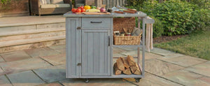 English Elm Foldable Outdoor Kitchen Cart with Stainless Worktop Fir Wood Frame and Lockable Wheels Grey N719P380278E