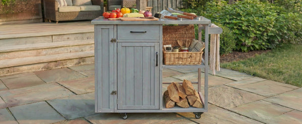 English Elm Foldable Outdoor Kitchen Cart with Stainless Worktop Fir Wood Frame and Lockable Wheels Grey N719P380278E