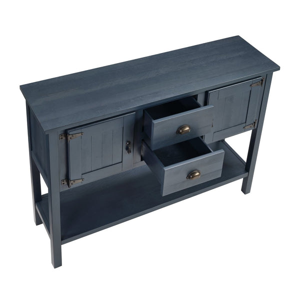 English Elm 46'' Solid Pine Retro Buffet Server with Iron Hardware Drawers Cabinets and Open Shelf Navy Blue W1202P457252