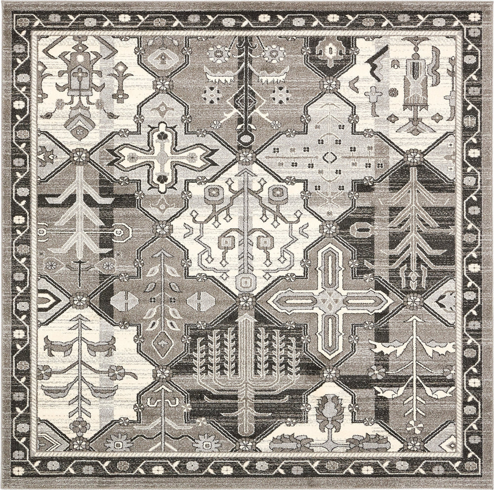 Unique Loom La Jolla Cathedral Machine Made Geometric Rug Gray, Black/Ivory/Silver 8' 0" x 8' 0"