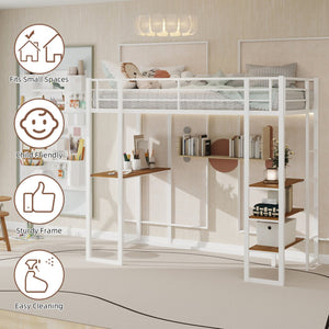 English Elm Iron framed bunk bed with L-shaped study desk and dual-side stairs, space-saving durable design White W1935P330796