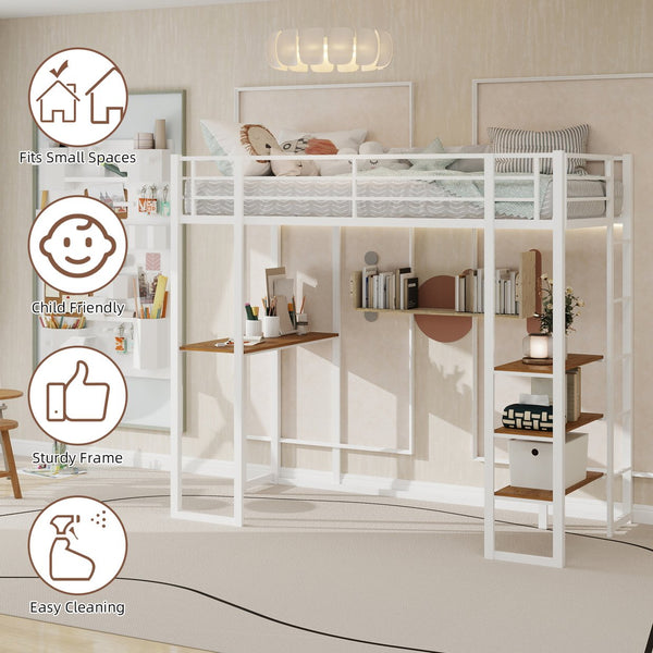 English Elm Iron framed bunk bed with L-shaped study desk and dual-side stairs, space-saving durable design White W1935P330796