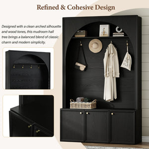 English Elm On-trend Farmhouse Hall Tree Arched Cabinet Storage Bench with Golden Hooks Mudroom Black N721S000080B