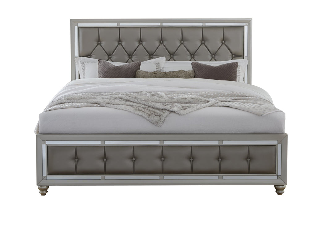 English Elm CHLOE Gemstone Silver Full Bed Frame with Mirror Trim, Detailed Stitching, Solid Wood Support Silver+Grey 60 L x 24.25 W x 6.88 H B201S00054
