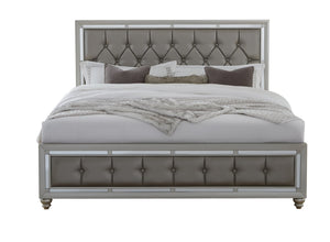 English Elm CHLOE Gemstone Silver Full Bed Frame with Mirror Trim, Detailed Stitching, Solid Wood Support Silver+Grey 60 L x 24.25 W x 6.88 H B201S00054