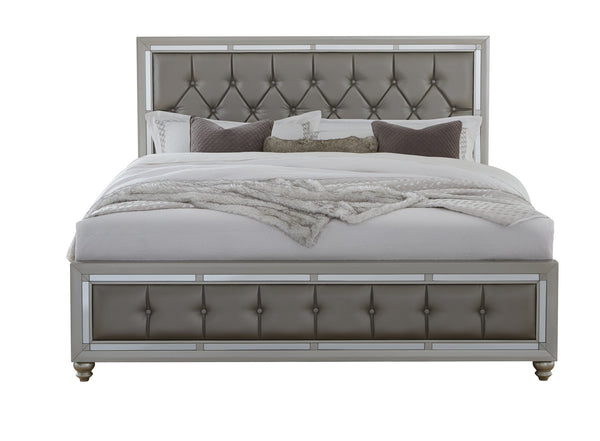 English Elm CHLOE Gemstone Silver Full Bed Frame with Mirror Trim, Detailed Stitching, Solid Wood Support Silver+Grey 60 L x 24.25 W x 6.88 H B201S00054